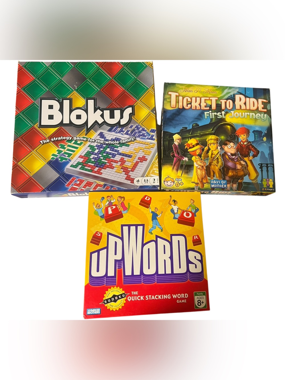 Upwords, Blokus, Ticket to Ride - Lot of 3  Strategy Boards Games Ages 6-8+